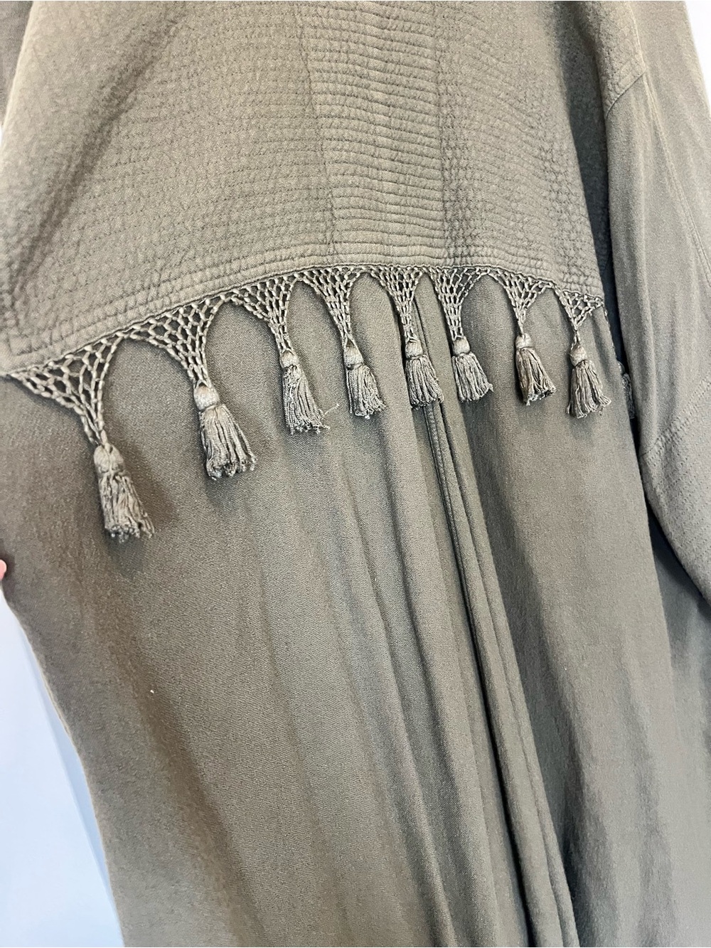 Tienda Ho olive green fringed tassels boho Lagenlook hippie flowy jacket kimono - Picture 11 of 12